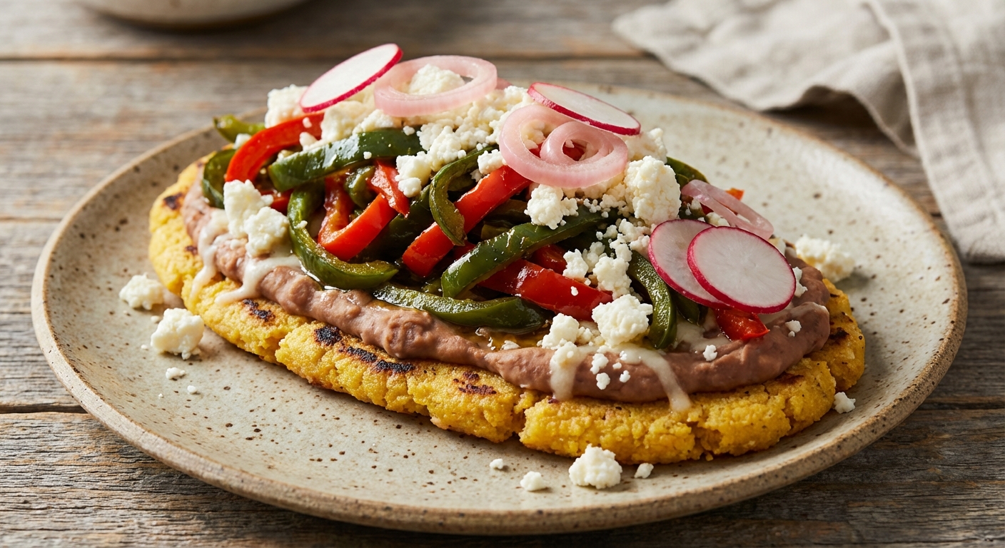 Huaraches with Poblanos, Red Peppers, and Queso Fresco