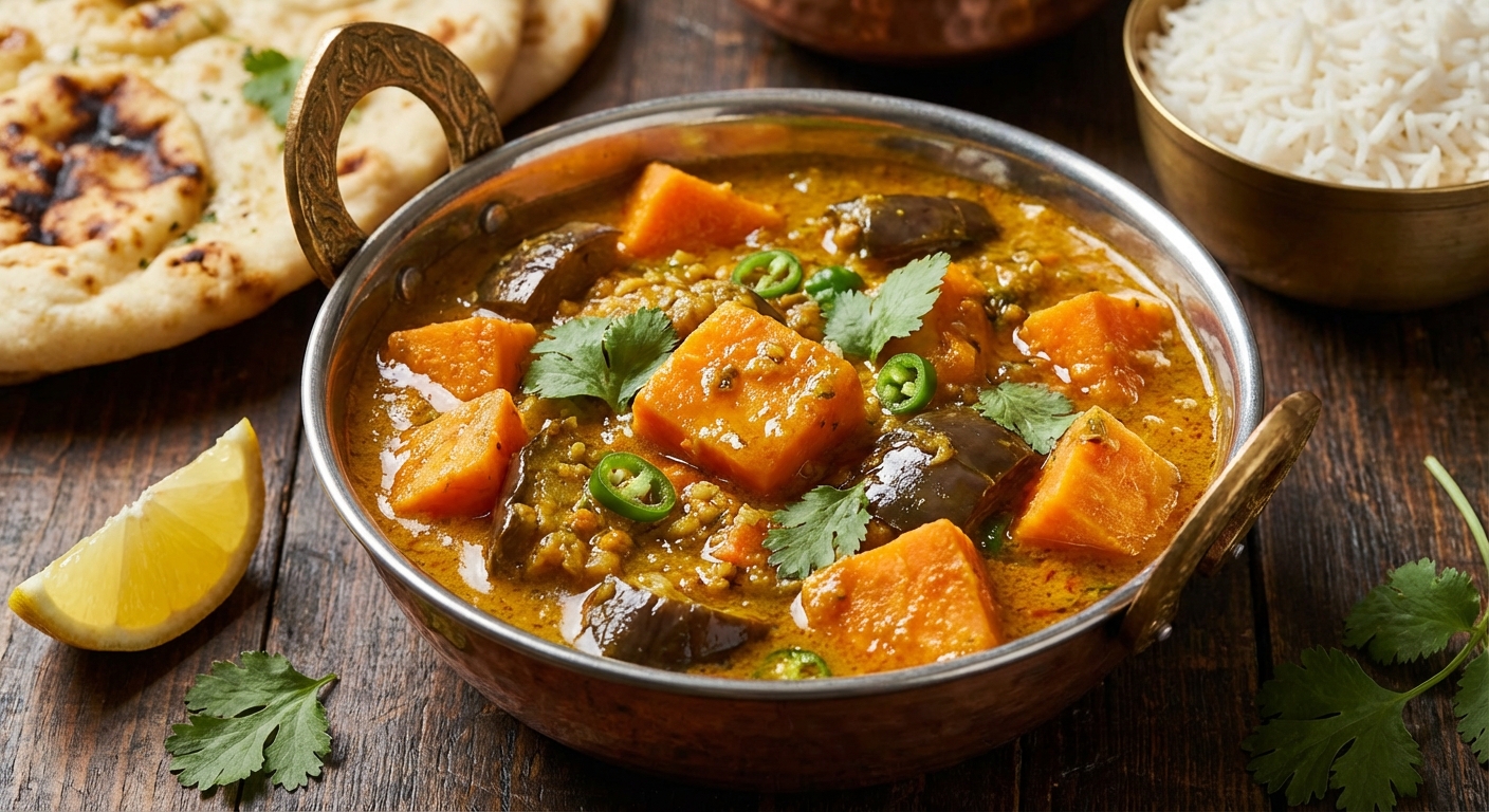 Indian-Style Vegetable Curry with Sweet Potatoes and Eggplant