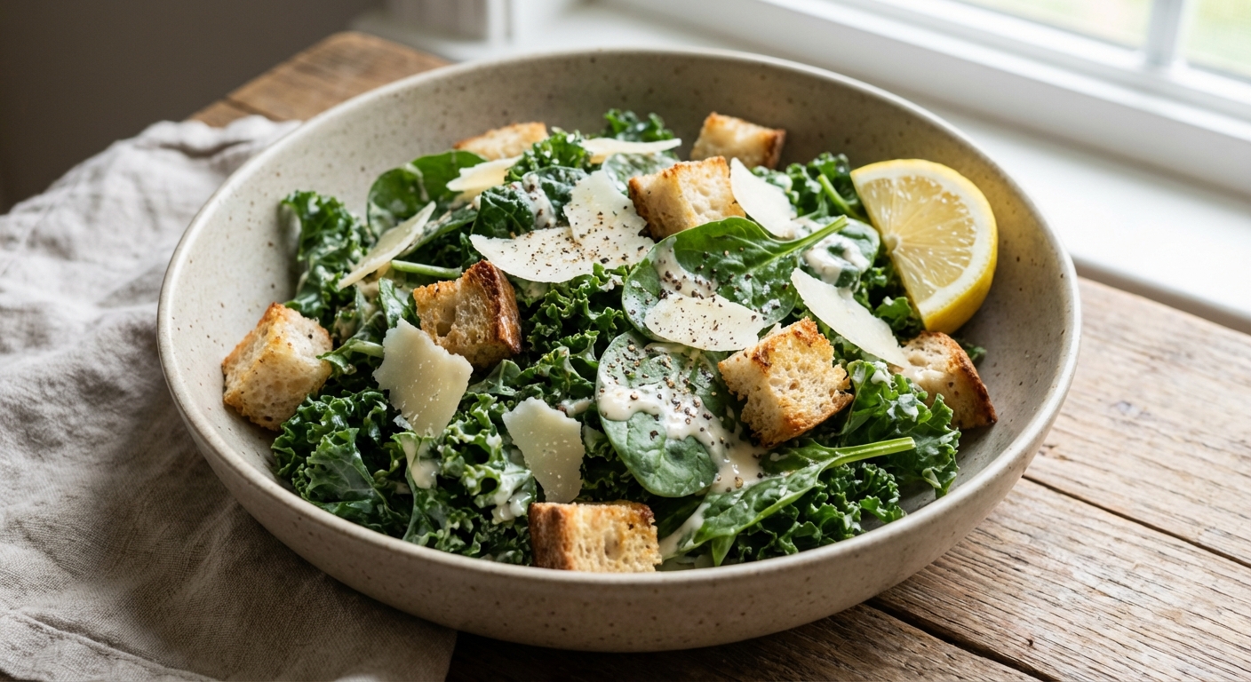 Caesar Salad with Kale and Spinach