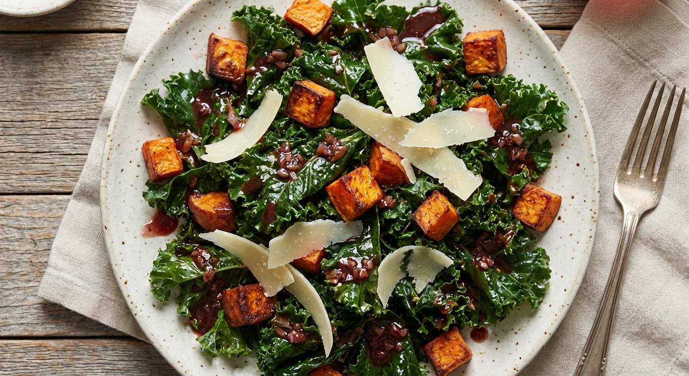 Kale Salad with Sweet Potatoes and Pomegranate Vinaigrette