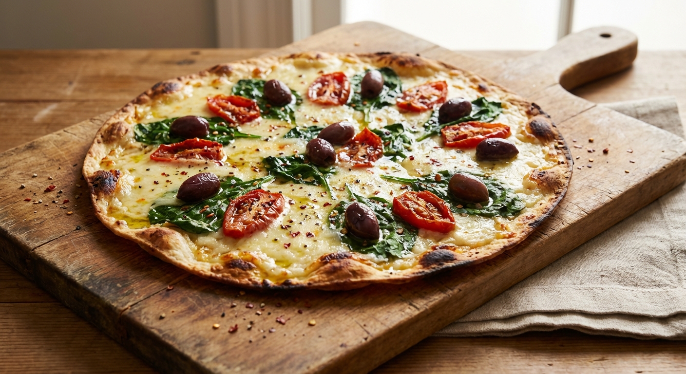 Lavash Pizza with Spinach, Fontina, and Olives