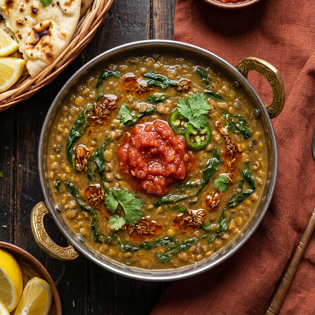 Lentil Soup with Mustard Greens and Tomato Sambal