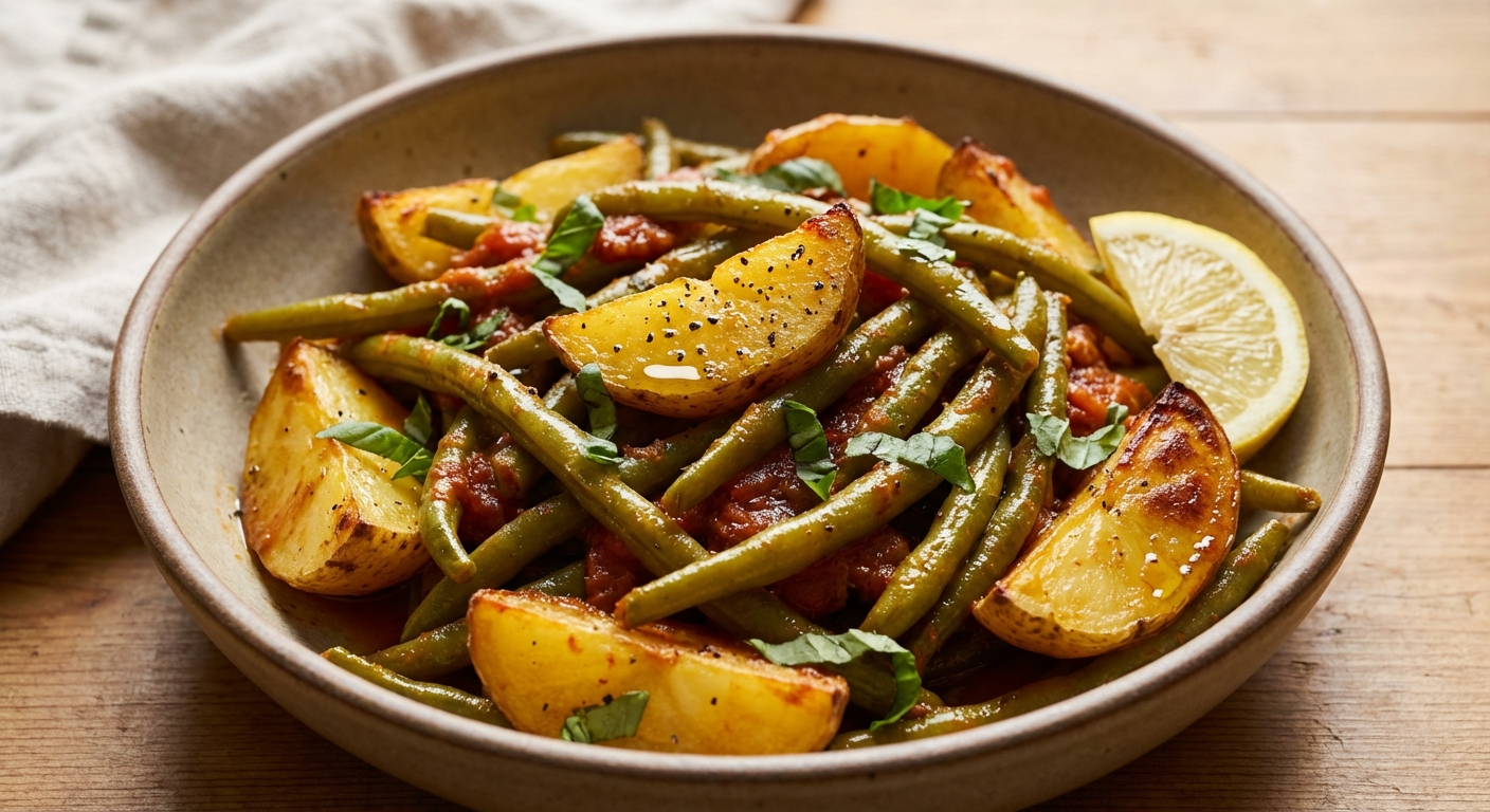 Mediterranean Braised Green Beans with Potatoes and Basil