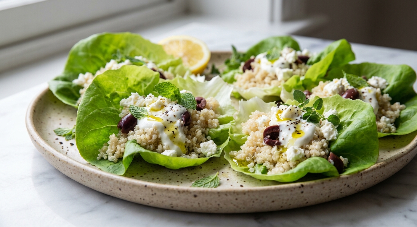 Mediterranean Lettuce Cups with Quinoa, Olives, and Feta