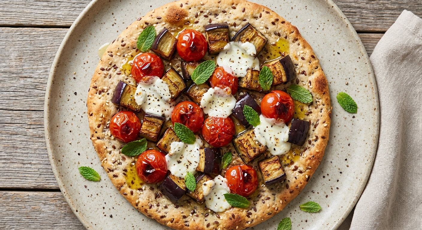 Multigrain Flatbread with Roasted Tomatoes and Eggplant