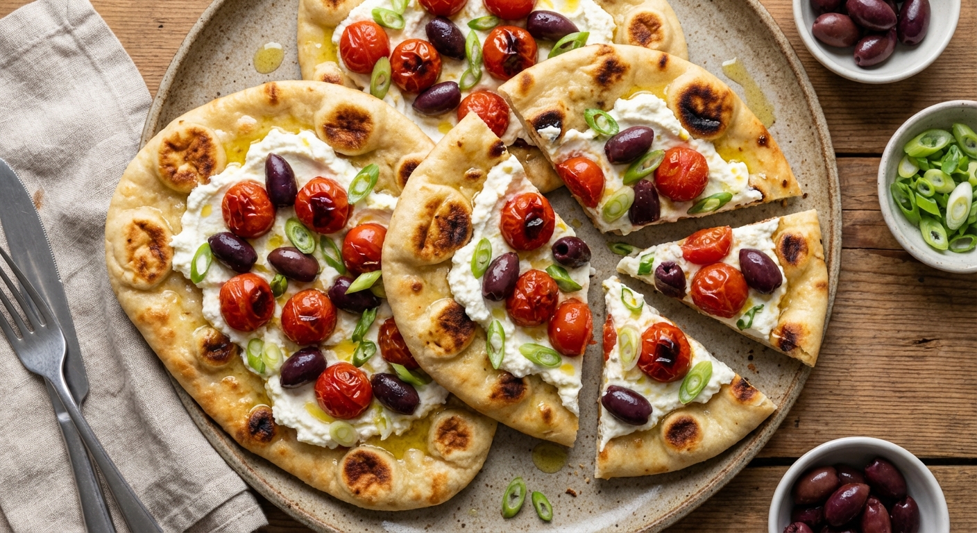 Naan Pizzas with Ricotta, Tomatoes, and Olives