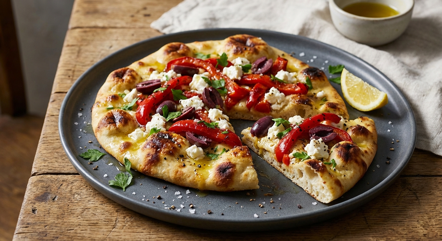 Naan with Roasted Red Peppers, Feta, and Olives