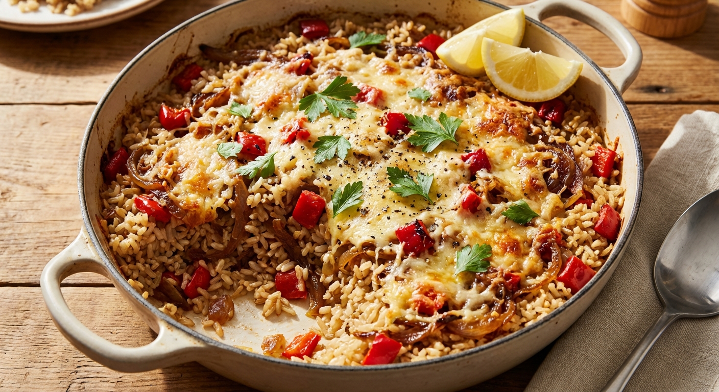 Oven-Baked Brown Rice Pilaf with Caramelized Onions