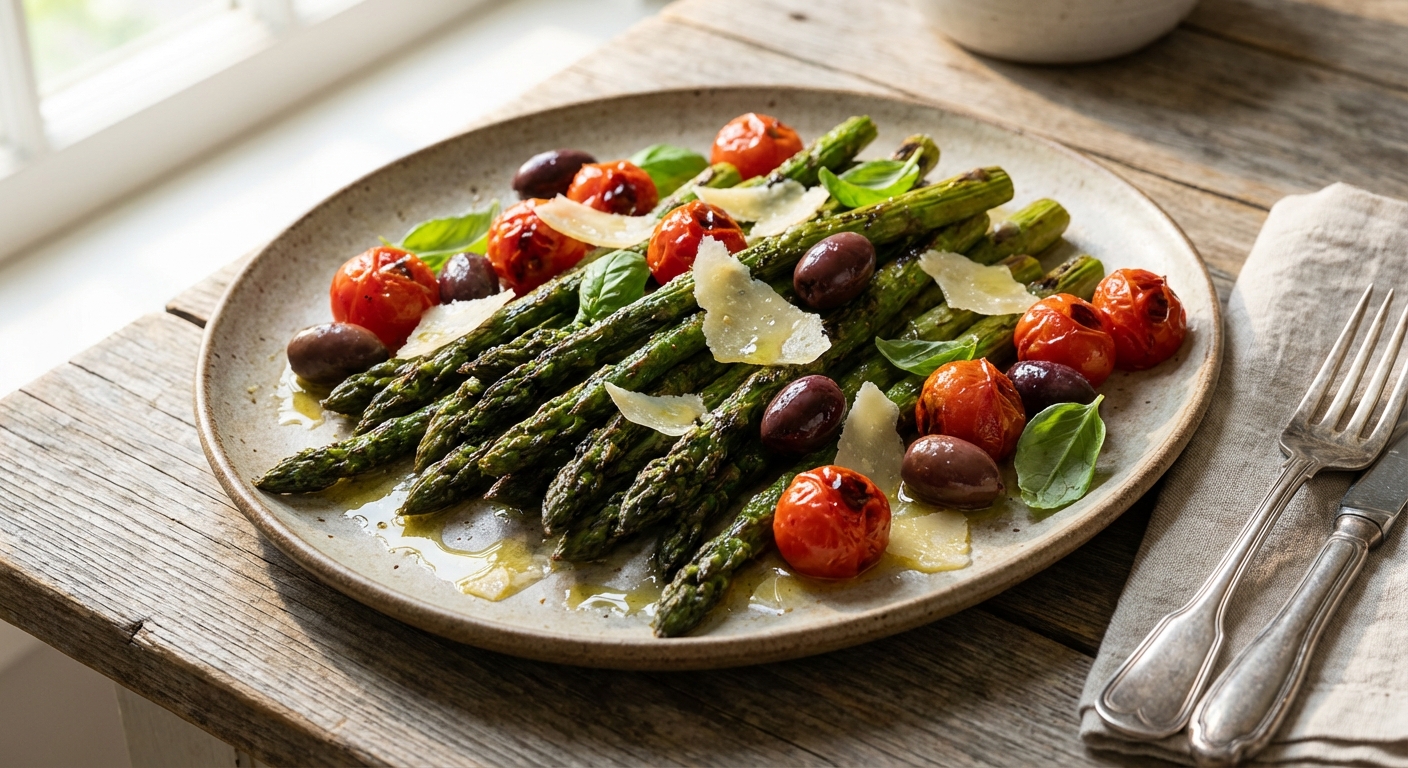 Pan-Roasted Asparagus with Cherry Tomatoes and Kalamata Olives