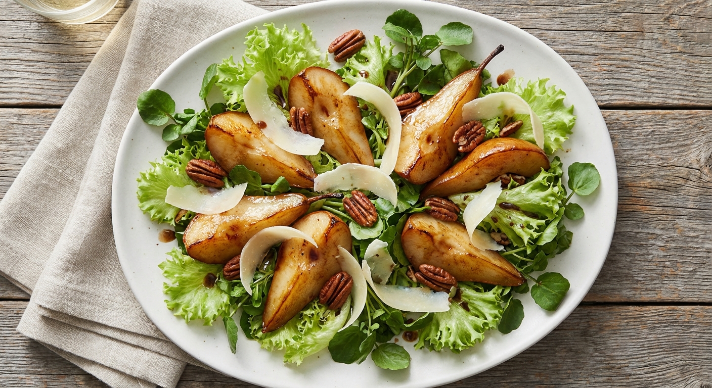 Pan-Roasted Pear Salad with Watercress, Parmesan, and Pecans