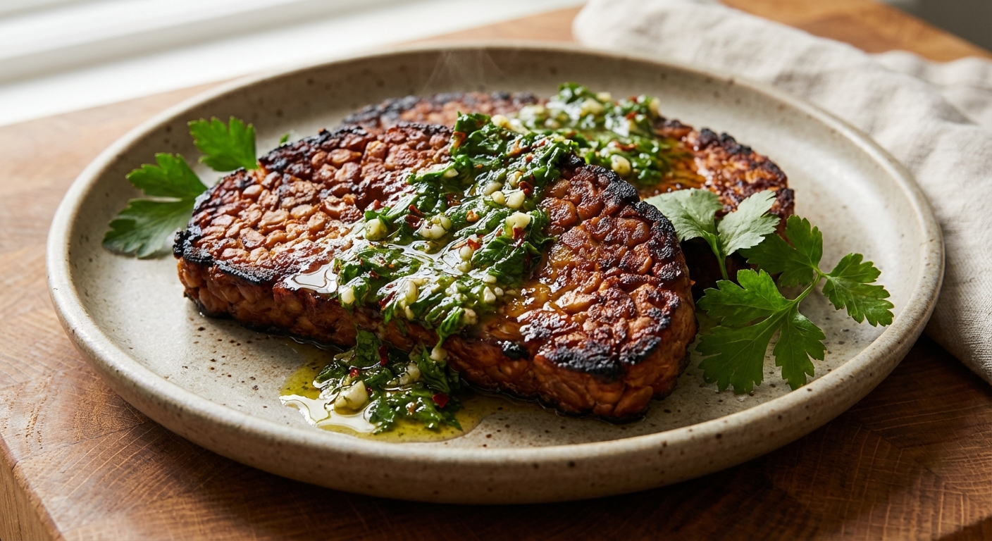Pan-Seared Tempeh Steaks with Chimichurri Sauce