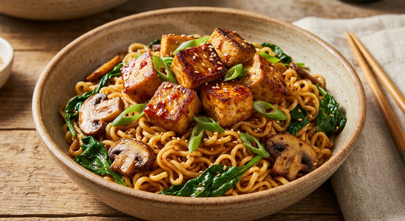 Pan-Seared Tofu and Spinach Ramen