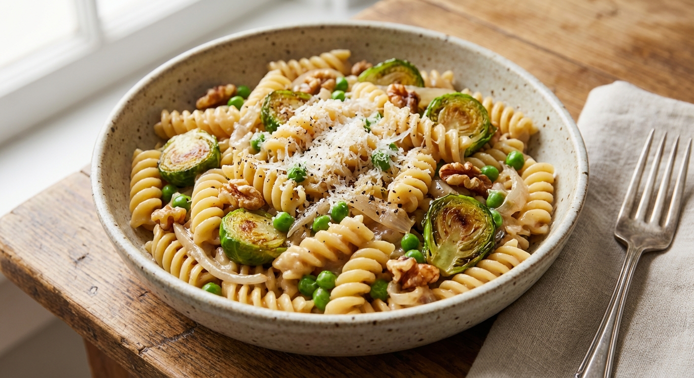 Pasta with Brussels Sprouts, Shallots, and Walnuts