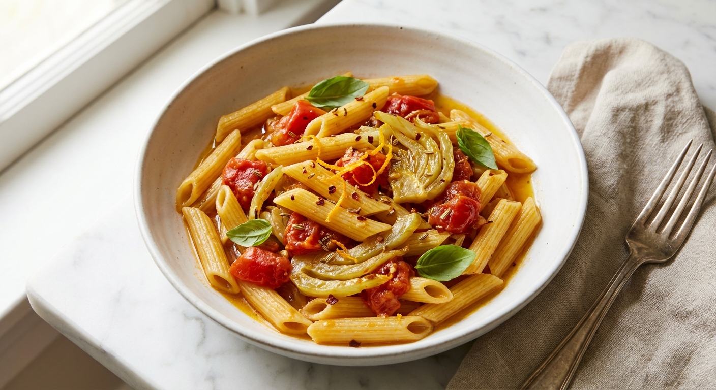 Penne and Fresh Tomato Sauce with Fennel and Orange