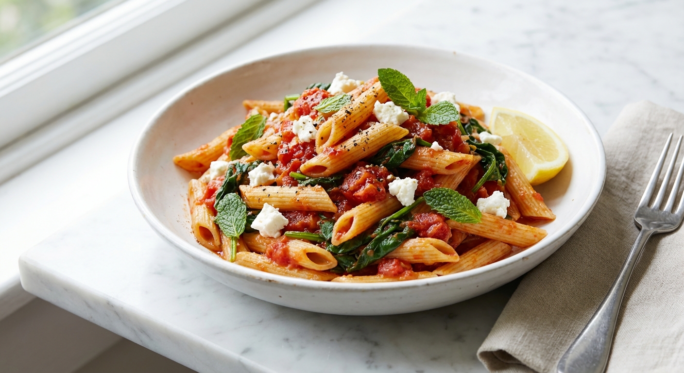 Penne and Fresh Tomato Sauce with Mint, Feta, and Spinach