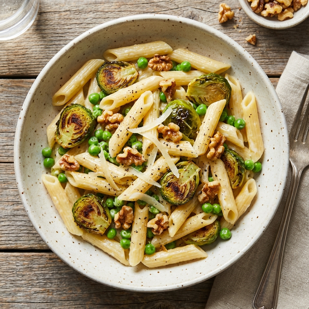 Penne with Brussels Sprouts, Peas, and Walnuts