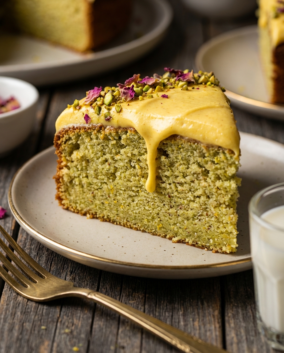 Pistachio + Almond Cake with Saffron Icing