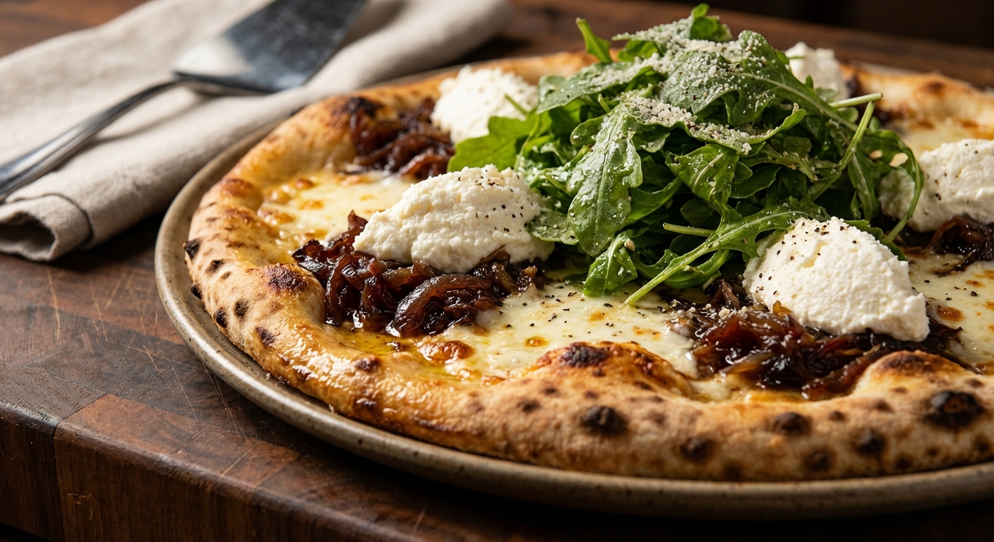 Pizza with Caramelized Onions, Arugula, and Ricotta
