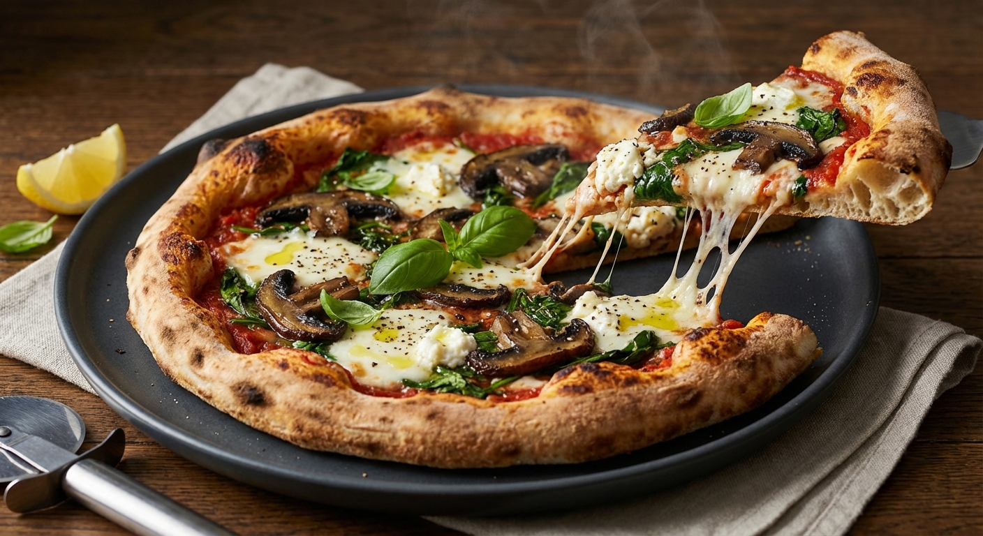 Pizza with Mushrooms, Spinach, and Goat Cheese