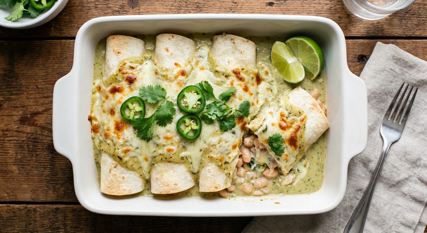 Poblano and White Bean Enchiladas with Tomatillo Sauce