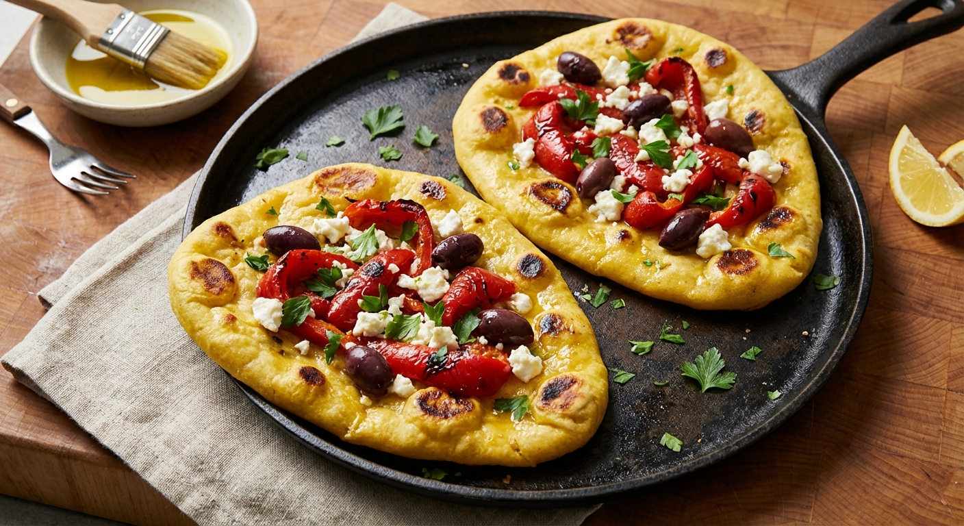 Quick Naan Pizzas with Roasted Red Pepper and Feta