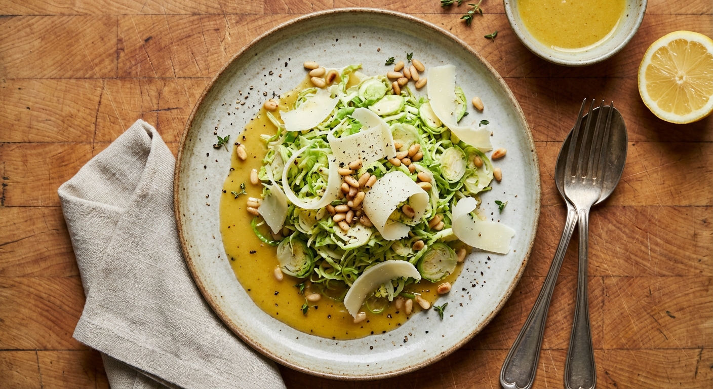 Raw Brussels Sprout Salad with Pecorino and Pine Nuts