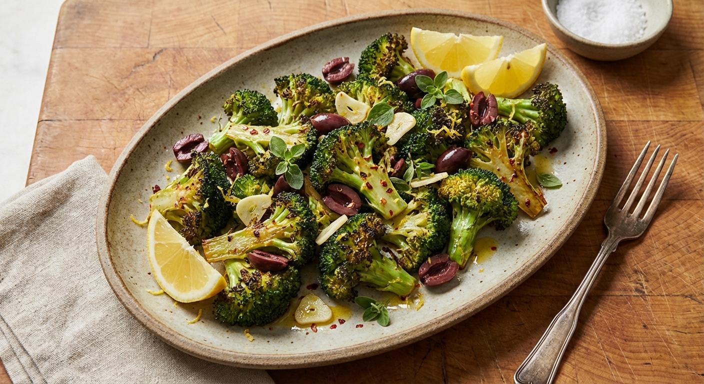 Roasted Broccoli with Olives, Garlic, Oregano, and Lemon