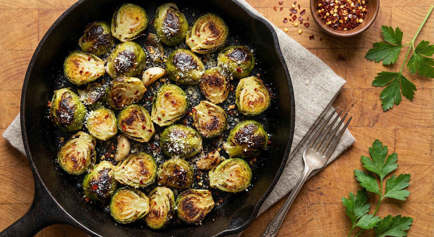 Roasted Brussels Sprouts with Garlic, Red Pepper Flakes, and Parmesan