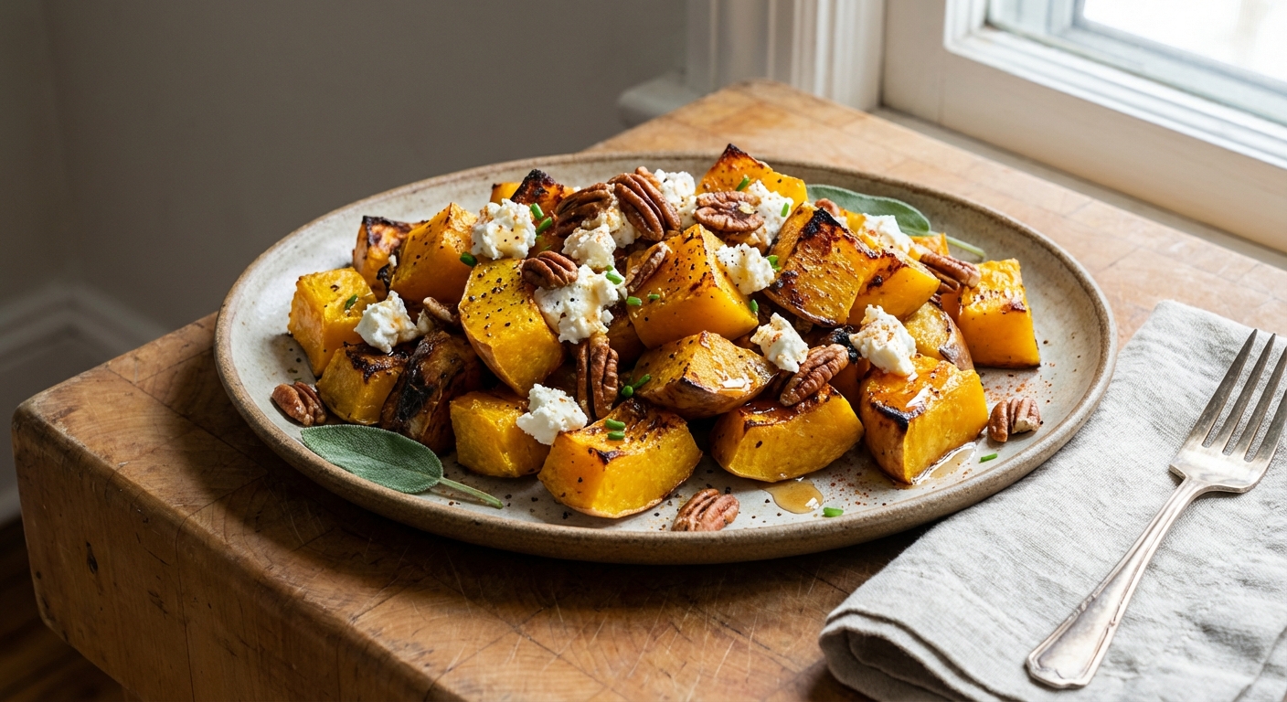 Roasted Butternut Squash with Goat Cheese, Pecans, and Maple