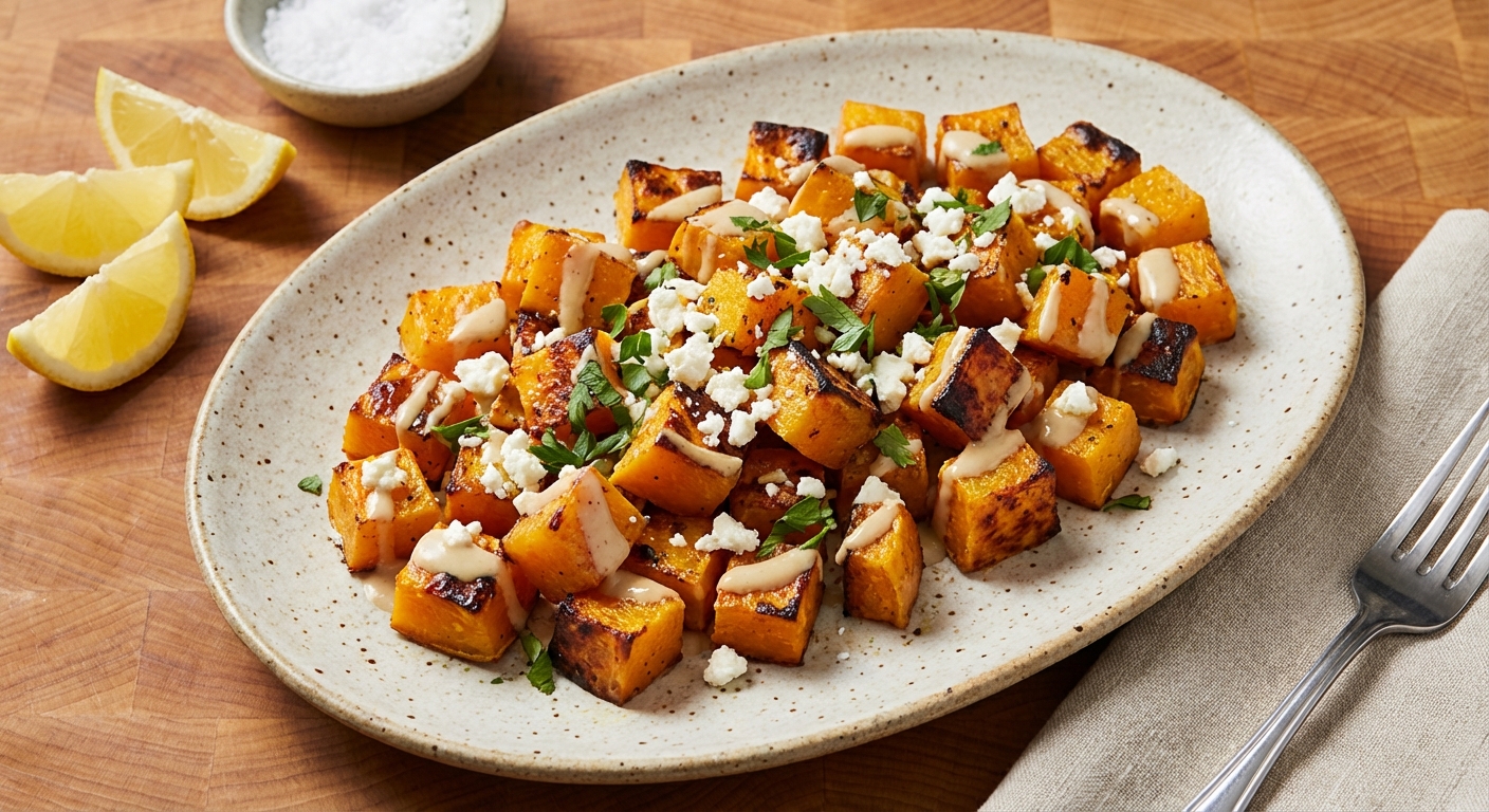 Roasted Butternut Squash with Tahini and Feta