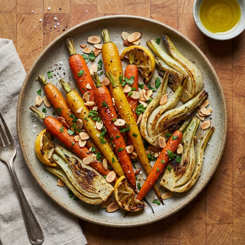 Roasted Carrots and Fennel with Toasted Almonds and Lemon