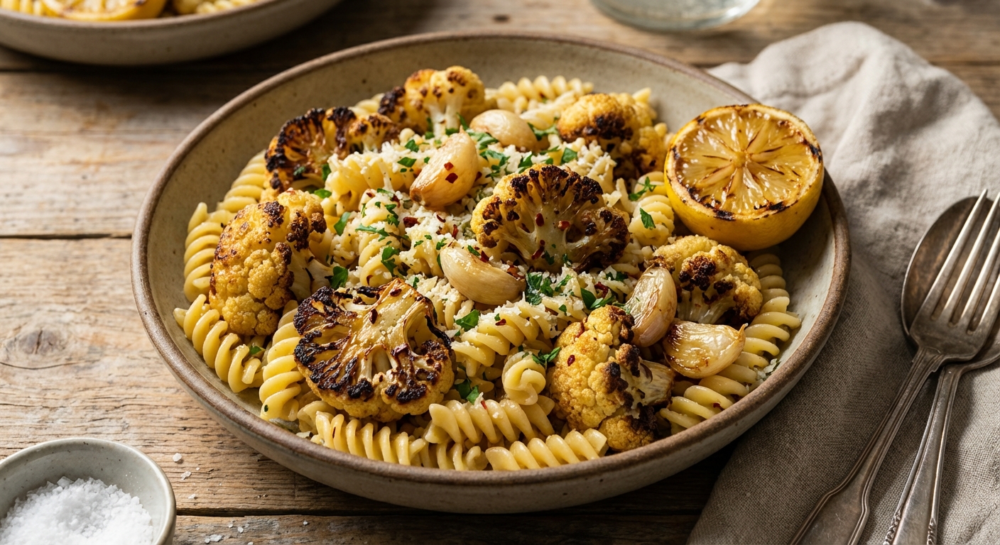 Roasted Cauliflower Pasta with Roasted Garlic