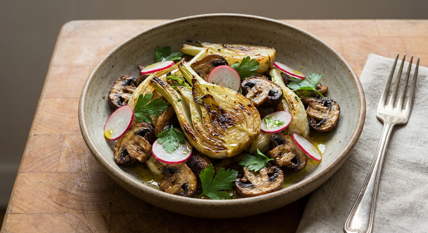 Roasted Fennel and Mushroom Salad with Radishes