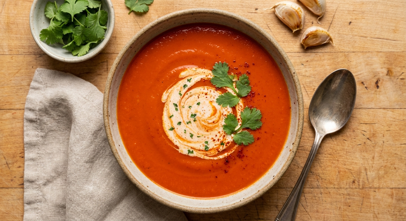 Roasted Red Pepper Soup with Paprika and Cilantro Cream