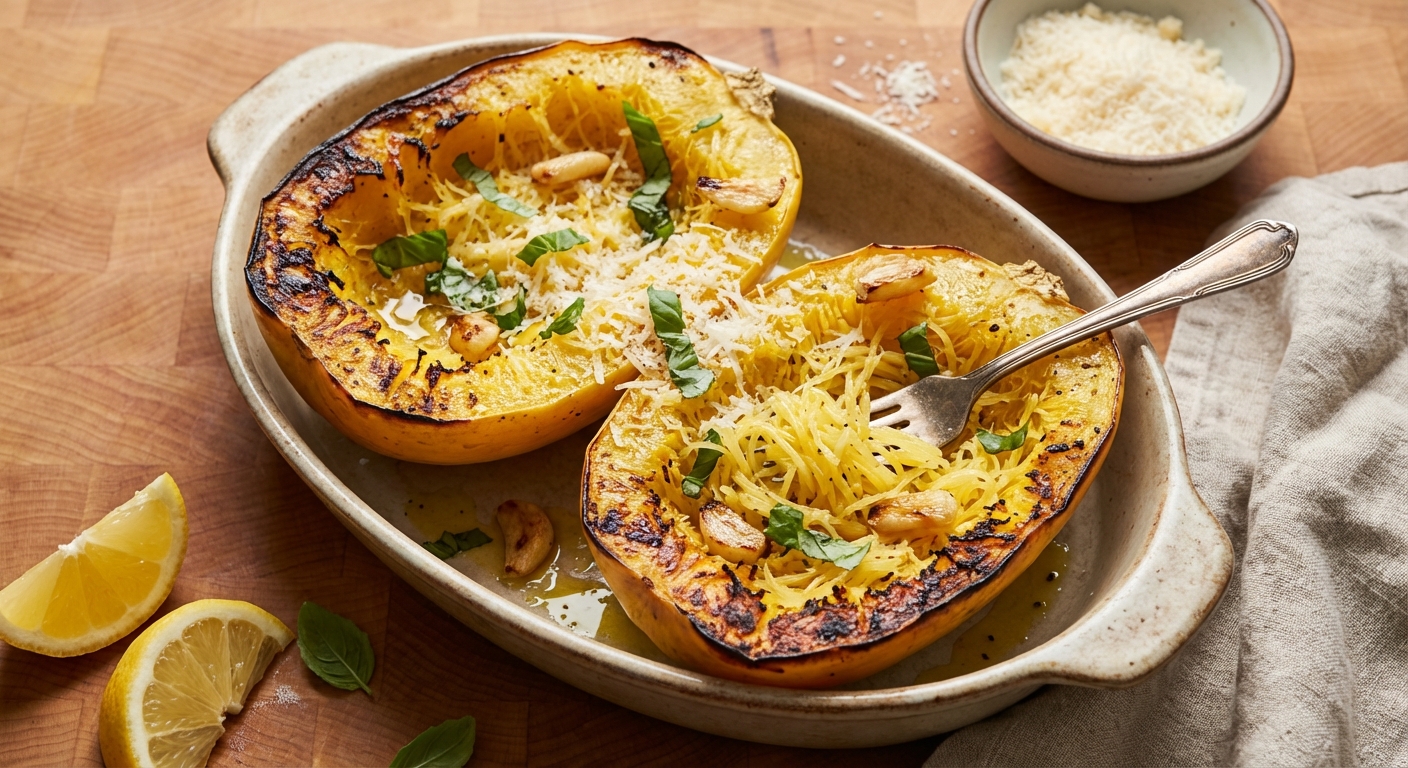 Roasted Spaghetti Squash with Parmesan and Basil