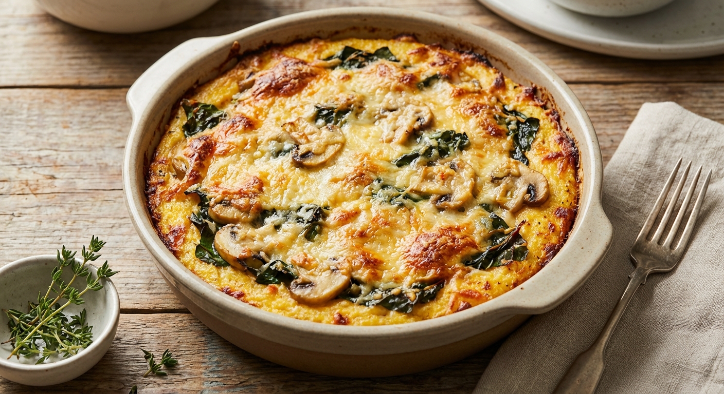 Rustic Polenta Casserole with Mushrooms and Swiss Chard