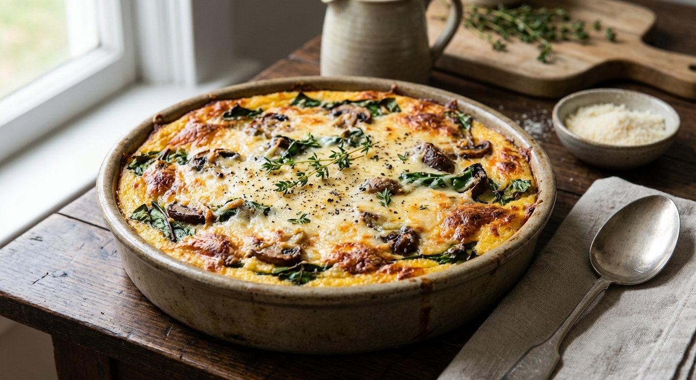Rustic Polenta Casserole with Mushrooms and Swiss Chard