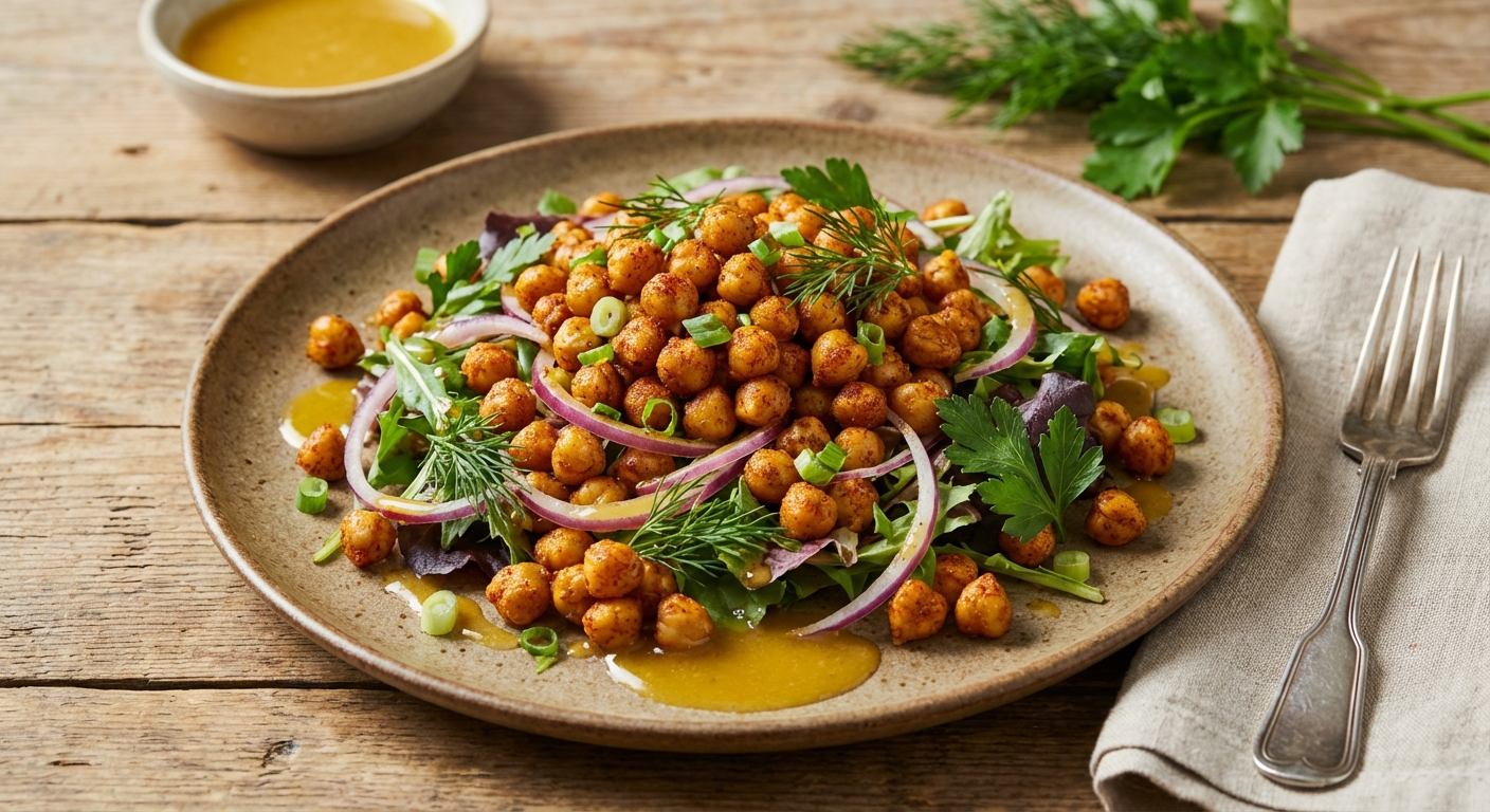 Salad with Crispy Spiced Chickpeas and Honey-Mustard Vinaigrette