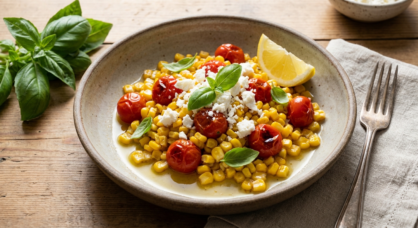 Sautéed Corn with Cherry Tomatoes, Ricotta Salata, and Basil