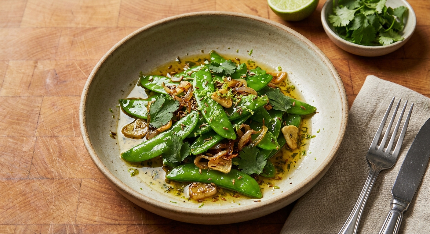 Sautéed Snow Peas with Garlic, Cumin, and Cilantro