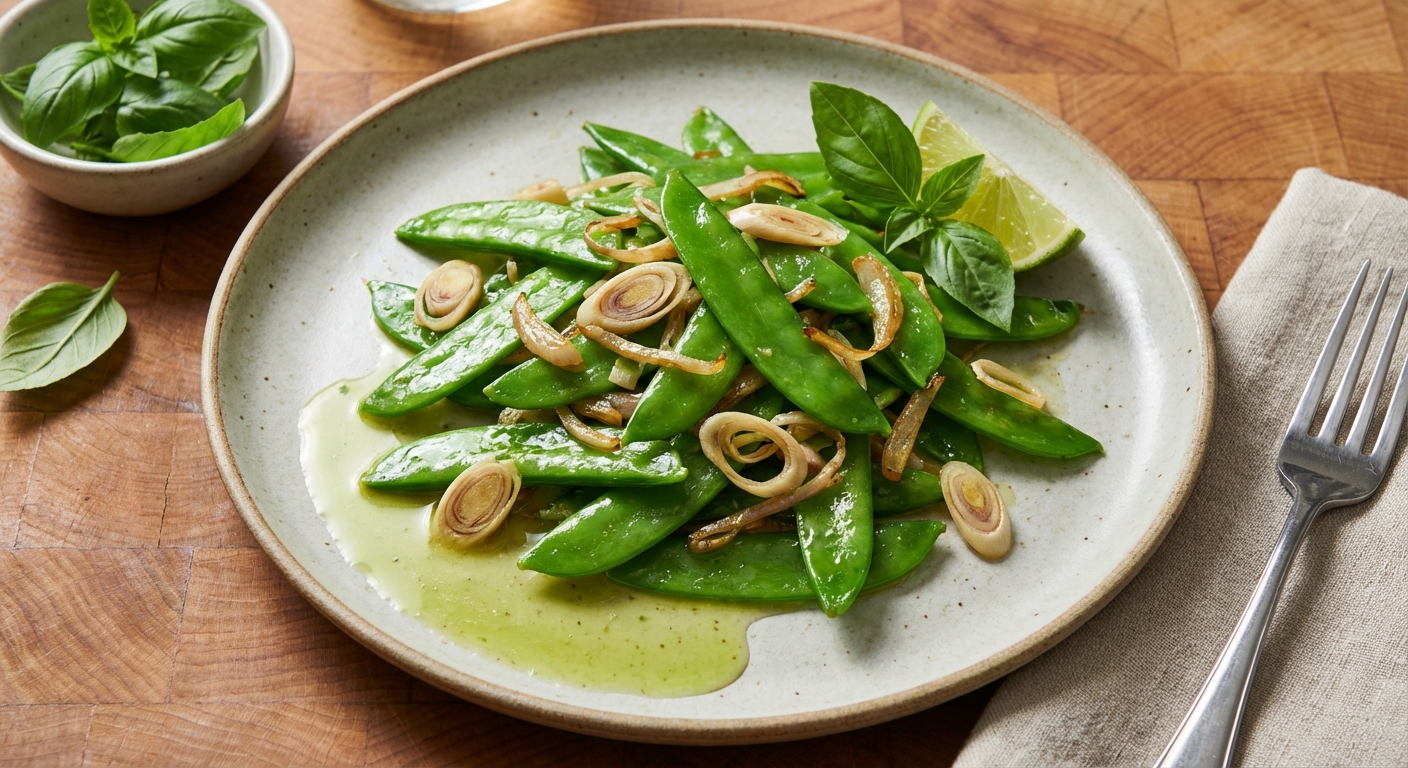 Sautéed Snow Peas with Shallot, Lemon Grass, and Basil
