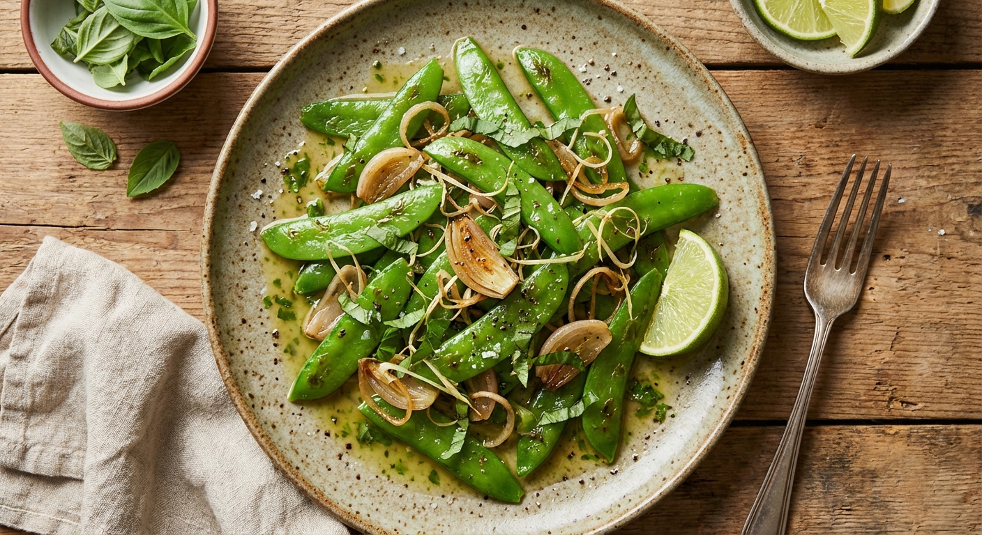 Sautéed Snow Peas with Shallot, Lemon Grass, and Basil