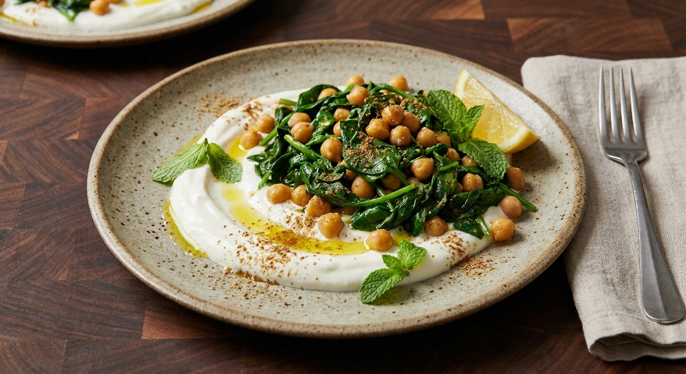 Sautéed Spinach with Chickpeas and Garlicky Yogurt