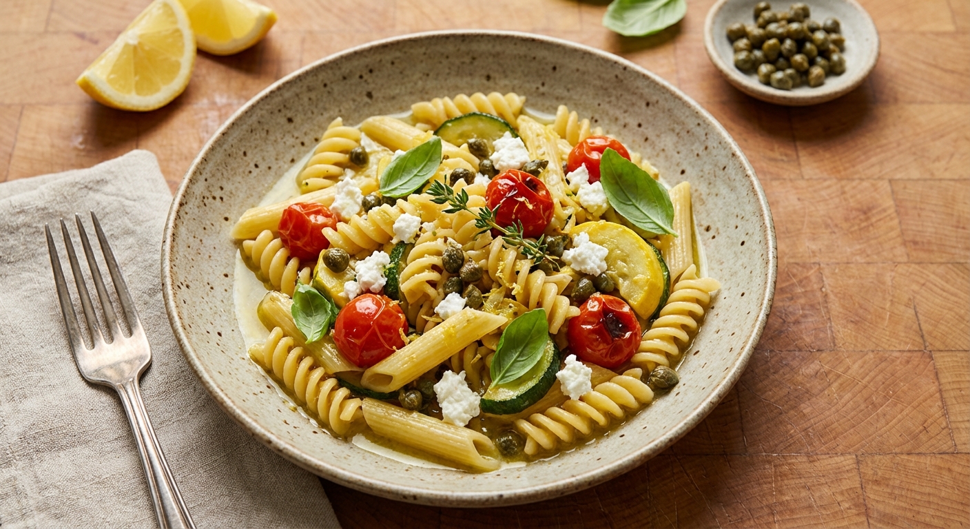 Sautéed Zucchini Pasta with Goat Cheese and Capers
