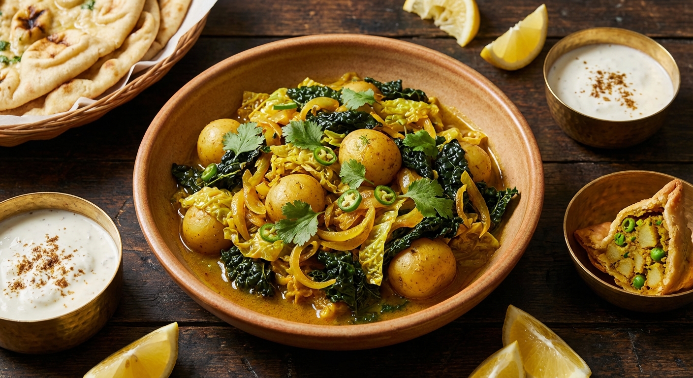 Savoy Cabbage, Black Kale, + Potato Subji