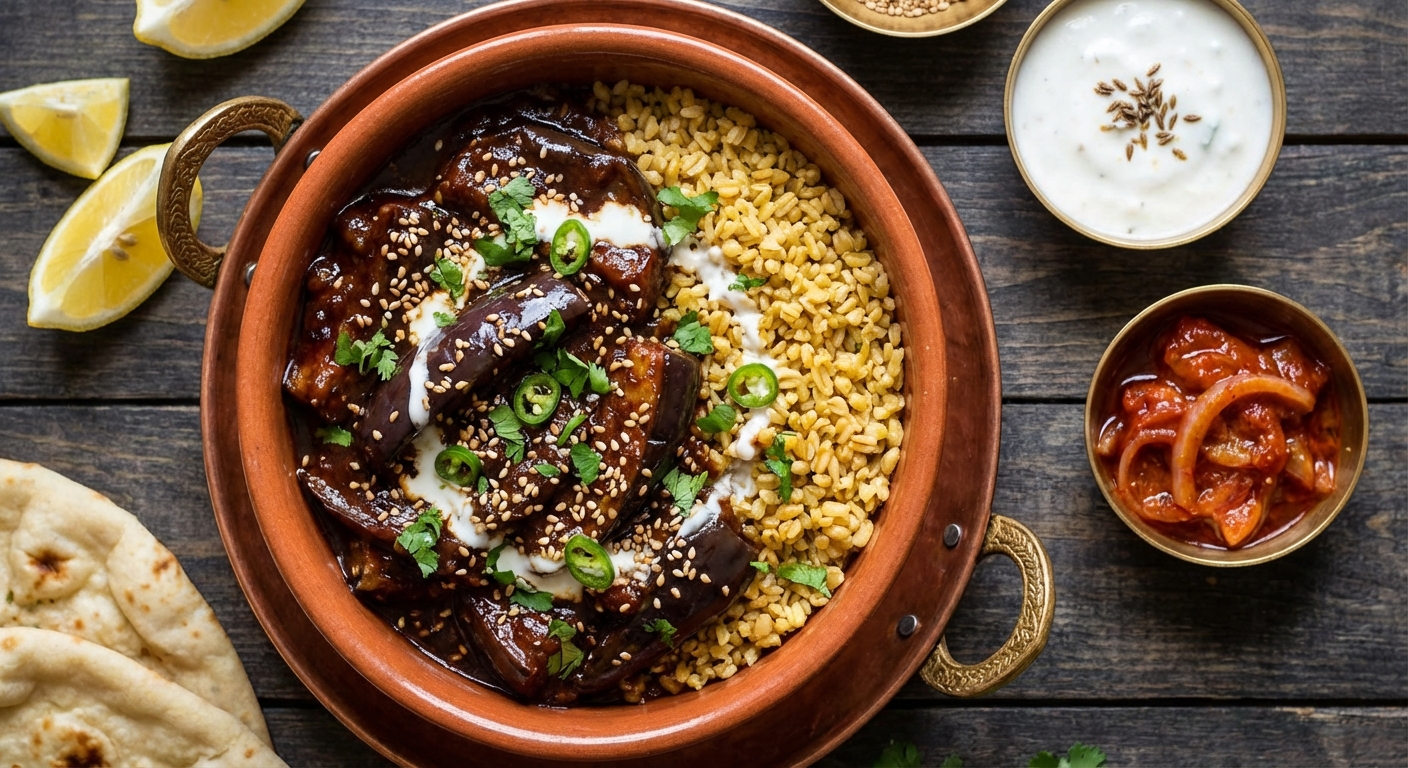 Sesame + Tamarind Eggplants with Cracked Wheat