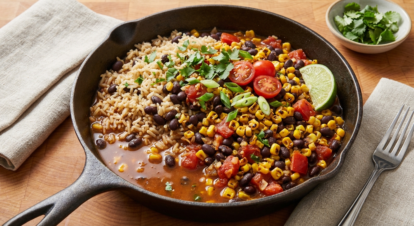 Skillet Brown Rice and Beans with Corn and Fresh Tomatoes