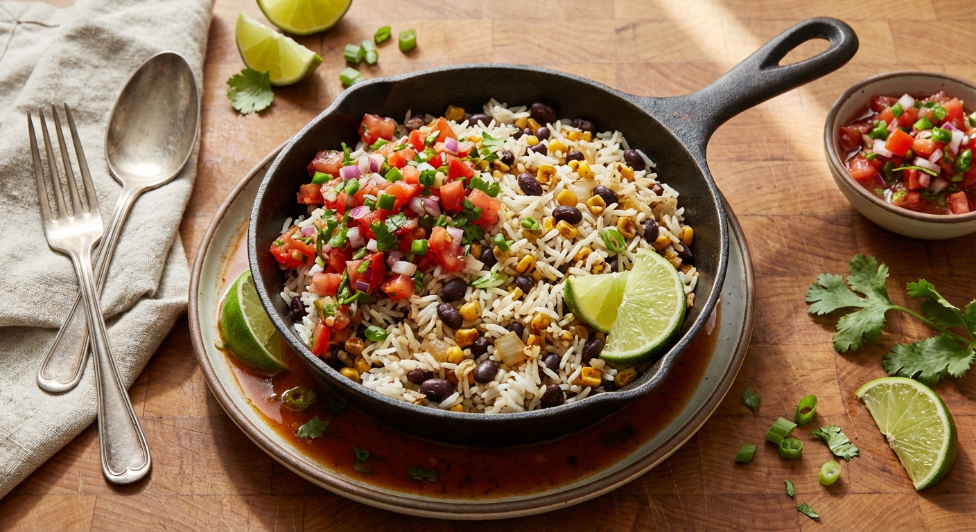 Skillet Rice and Black Beans with Fresh Tomato Salsa