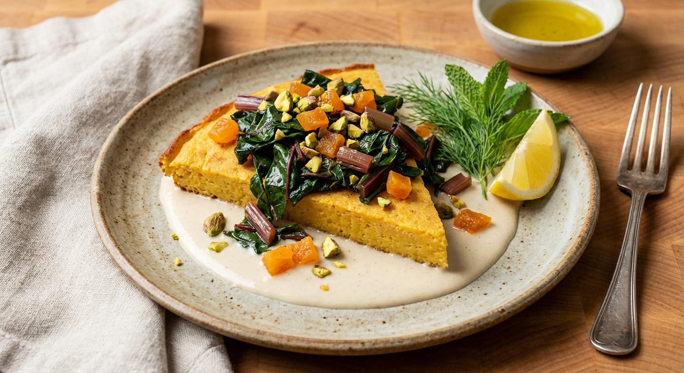 Socca with Swiss Chard, Pistachios, and Apricots