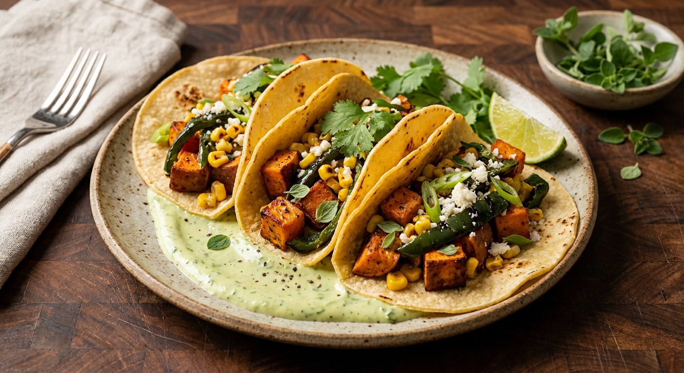 Soft Corn Tacos with Sweet Potato, Poblanos, and Corn